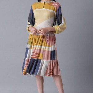 Soft Multicoloured Abstract Pattern Flared Dress