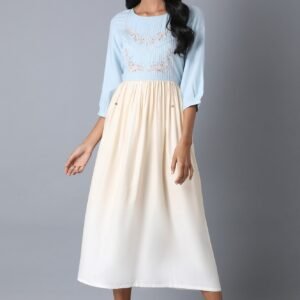 Blue and Ecru Dress with Pintucks