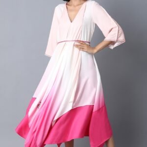Pink and Ecru Color Blocked Asymetric Dress