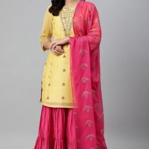 Yellow Chanderi kurta With Tiered Sharara And Dupatta
