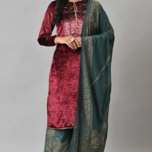 Maroon Velvet Sequined kurta With Green Parallel Pants And Dupatta