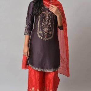 Purple Japanese Satin Short kurta With Red Parallel Pants And Dupatta