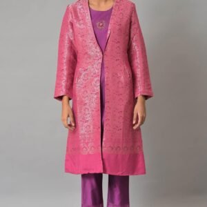 Pink Jacquard Jacket, Purple kurta & Pant Suit Set