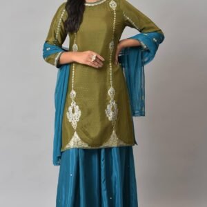 Olive Green Embroidered kurta With Teal Flared Pants And Dupatta