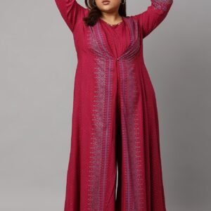 Plus Size Dark Pink Mock Layer Embellished Liva Eco Kimono Jumpsuit