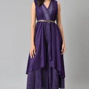 Purple Gillet Jumpsuit With Embellished Belt