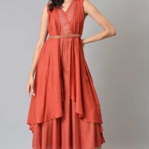 Red Gillet Kimono Jumpsuit With Embellished Belt