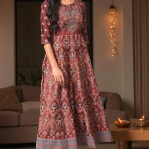 Brown Printed And Embroidered Panelled Festive Dress