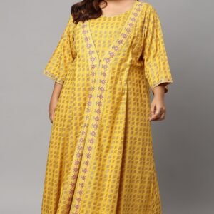 Yellow Glitter Printed Mock Layered Embellished Plus Size Kimono Jumpsuit