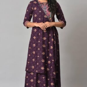 Dark Purple Printed Angrakha Jumpsuit