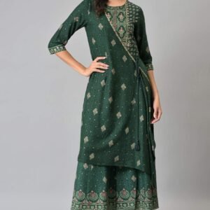 Green Glitter Printed Angrakha Jumpsuit
