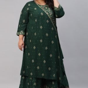 Green Glitter Printed Angrakha Plus Size Jumpsuit