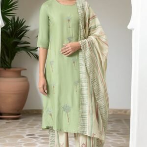 Light Green Embroidered Straight Kurta with Printed Parallel Pants and Dupatta Set