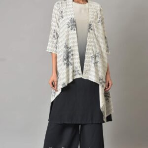 White And Deep Blue Ombre kurta With Printed Gillet And Parallel Pants