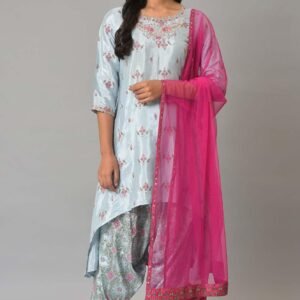 Light Blue Paisley Print High-Low kurta With Draped Pants And Pink Dupatta