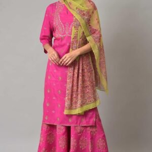 Pink Glitter Printed Kurta, Culottes and Green Dupatta Set