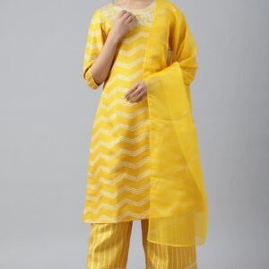 Yellow Bandhani Printed Straight Kurta with Parallel Pants and Dupatta Set