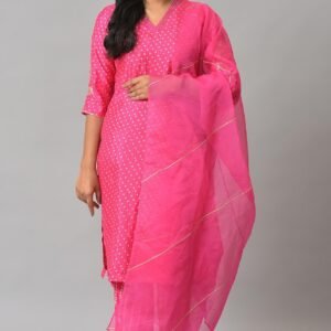 Pink Bandhani Printed Embroidered kurta With Pants And Organza Dupatta