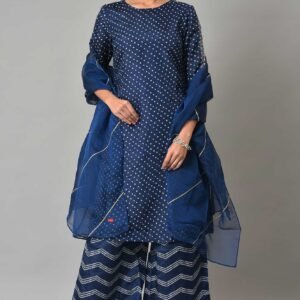 Blue Bandhani Printed kurta With Bandhani Pants And Organza Dupatta