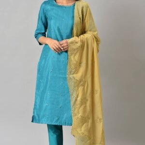 Teal Sequin Highlighted kurta With Pants And Golden Dupatta