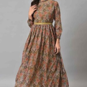Dark Yellow Cotton Victorian-Style Midi Dress