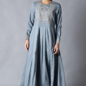 Blue Flared Round Neck Mughal Gown With Embroidery