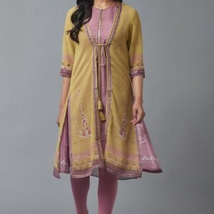 Olive Green Gillet, Purple kurta and Tights Set