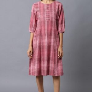 Dark Pink Ikkat Smoking Dress In Round Neck