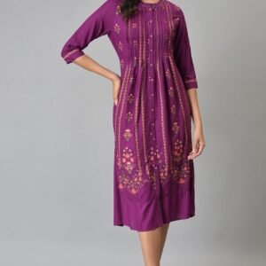 Dark Purple Floral Button Down Dress With Bead Work