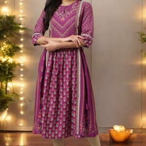 Dark Purple Flared Dress With Floral Print And Sequins