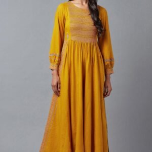 Mustard Yellow Smocked Yoke Jumpsuit With Embroidery