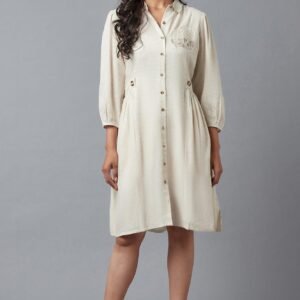 Beige Solid Straight Dress With Thread Embroidery
