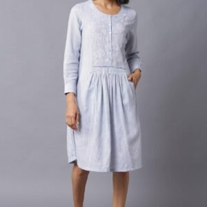 Blue Checker Embroidered Cotton Dress
