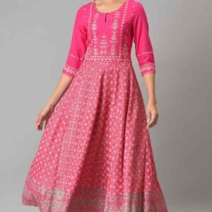 Bright Rose Pink Glitter Printed Dress With Embroidery