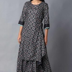 Dark Blue Angrakha Jumpsuit In Round Neck