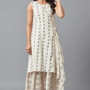 Ecru Sleeveless Angrakha Jumpsuit in Round Neck