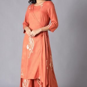 Rust Orange Angrakha Jumpsuit In Round Neck