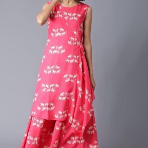 Hot Pink Sleeveless Angrakha Jumpsuit In Round Neck