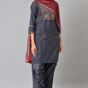 Grey Embroidered kurta, Draped Pants And Dupatta Set