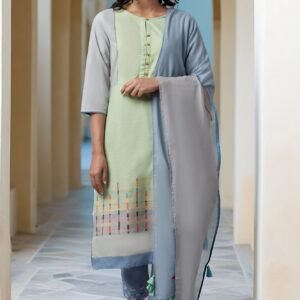 Light Green Cotton Dobby kurta With Blue Slim Pants And Dupatta