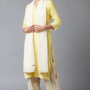 Light Yellow Dobby Straight kurta With Parallel Pants And Ecru Dupatta