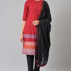 Red Dobby kurta In Round Neck With Black Slim Pants And Dupatta