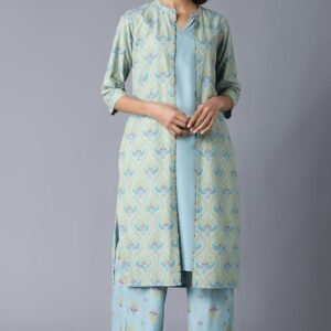 Blue Sleeveless kurta, Jacket and Parallel Pants Set
