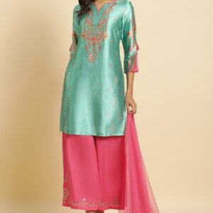 Sea Green Digital Printed Kurta, Pants & Dupatta Set