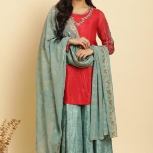 Red Embellished Short Kurta, Sharara And Dupatta Festive Set