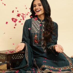Dark Green Embroidered Festive Kurta, Pant And Dupatta Set