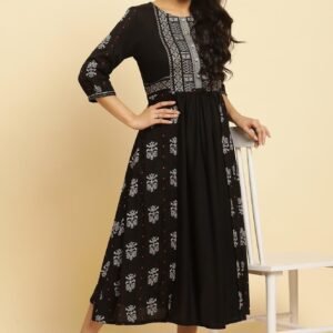 Black Printed Gathered Dress