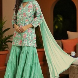Mint Green Printed Short Kurta, Tiered Sharara and Dupatta Set