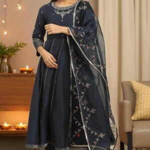 Dark Blue Zari Embroidered Festive Kurta, Pants and Dupatta Set