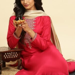Pink Zari Embroidered Straight Kurta, Pant And Dupatta Set